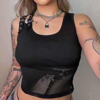 Belt-accent Mesh Panel Crop Tank Top