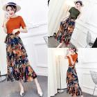 Set: Short-sleeve Top + Floral Print A-line Midi Skirt