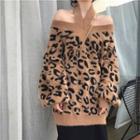 Cold-shoulder Leopard Patterned Sweater As Shown In Figure - One Size