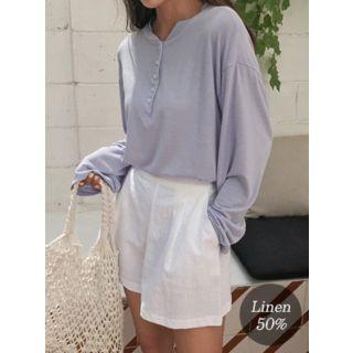Band-waist Linen Blend Colored Shorts