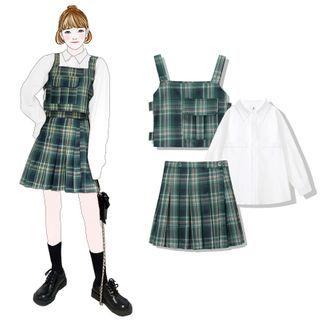 Plain Shirt / Plaid Vest / Mini Pleated Skirt