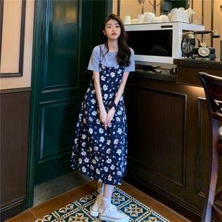 Floral Print Overall Dress + Short-sleeve Plain T-shirt