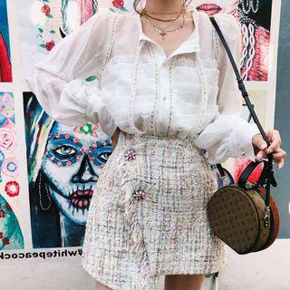 Long Sleeve Sheer Lace Blouse + Tweed Skirt