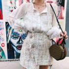 Long Sleeve Sheer Lace Blouse + Tweed Skirt