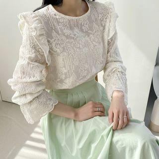 Scallop-edge Ruffled Lace Blouse Light Beige - One Size