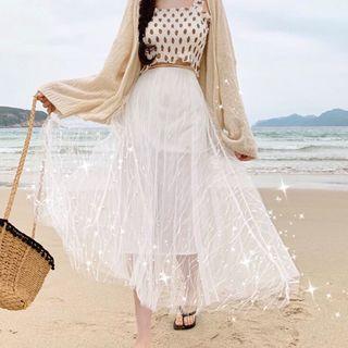 Midi Beaded Mesh Skirt White - One Size
