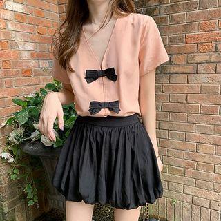 Bow Accent Short-sleeve Top / Pleated Skort