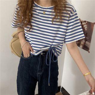 Short Sleeve Striped Drawstring Crop Top