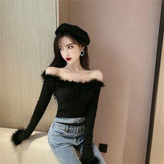 Furry Trim Off-shoulder Long-sleeve Top