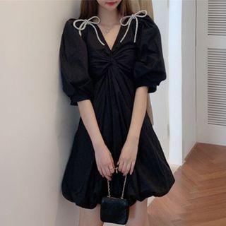 Puff Sleeve V-neck Bow Accent A-line Dress