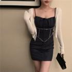 Long-sleeve Plain Cardigan / Spaghetti-strap Tie Neck Slim Fit Dress