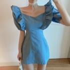 Ruffle Short-sleeve Denim Mini Sheath Dress