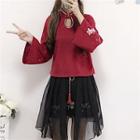 Long-sleeve Mandarin Collar Embroidered Top / Mesh Panel A-line Skirt
