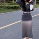 Set: Ribbed Knit Top + Midi Pencil Skirt Set Of 2 - Knit Top & Skirt - Gray - One Size