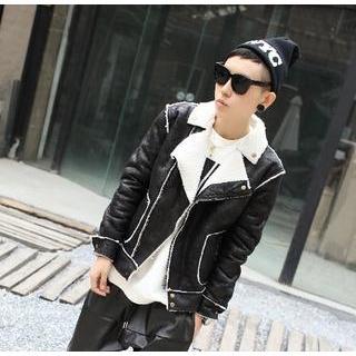 Fleece Collar Faux Leather Jacket