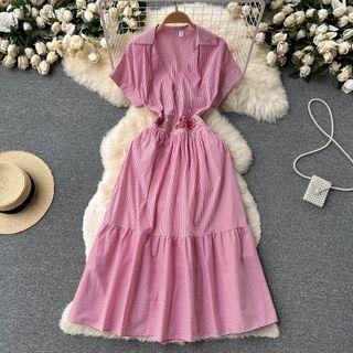 Short-sleeve V-neck Striped Flower Embroidered Dress