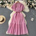 Short-sleeve V-neck Striped Flower Embroidered Dress