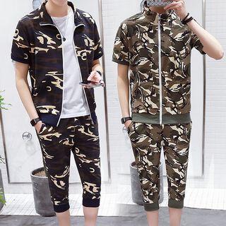 Set: Short-sleeve Camo Jacket + Capri Sweatpants