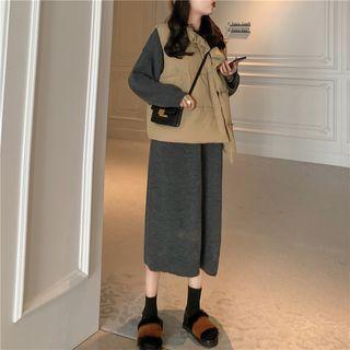 Stand Collar Padded Vest / Midi Sweater Dress