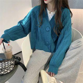 V-neck Plain Flare Crop Knitted Cardigan