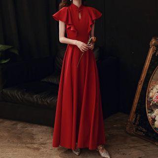 Ruffle Trim Sleeveless A-line Evening Gown