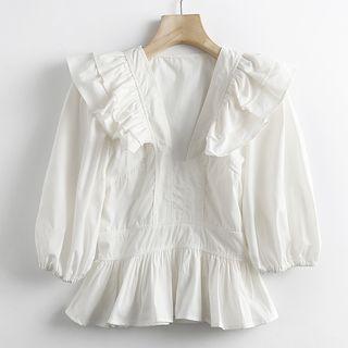 Short-sleeve Ruffled V-neck Blouse