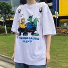 Elbow-sleeve Cartoon Dinosaur Printed T-shirt