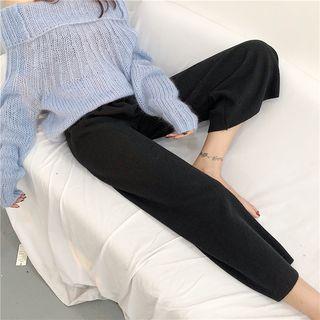 Plain Elastic-waist Knit Cropped Wide-leg Pants