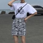 Print T-shirt / Floral Mini Skirt