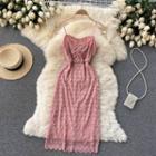 Embroidered Fray-trim Spaghetti-strap Dress