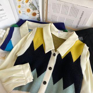 Patchwork Button-up Loose Knit Top