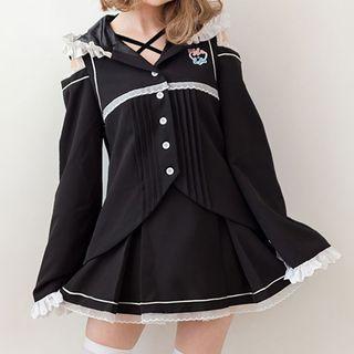 Bow Accent Cross Strap Camisole Top / Bow Accent A-line Skirt / Cut Out Shoulder Hooded Jacket