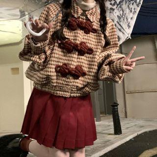 Frog-buttoned Houndstooth Jacket / Pleated Mini A-line Skirt
