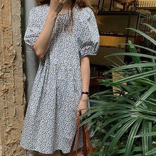 Crew-neck Puff-sleeve Floral Print Dress