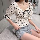 Dotted V-neck Puff-sleeve Blouse White - One Size