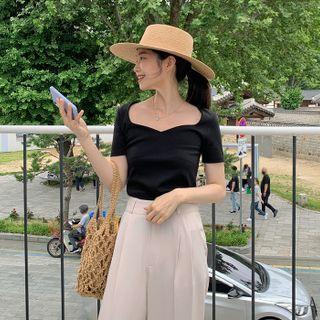 Sweetheart-neck Plain T-shirt