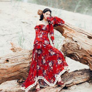 Cold-shoulder Floral Maxi Chiffon Dress