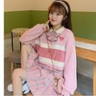 Color Block Polo Pullover / Plaid Pleated Skirt / Bow Tie / Set