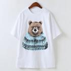 Elbow-sleeve Bear Print T-shirt