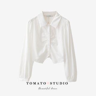 Plain Pleated Button-up Cropped Shirt White - One Size