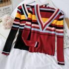 V-neck Rainbow Striped Long-sleeved Knit Top