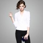 Long-sleeve Wrapped Collar Plain Top