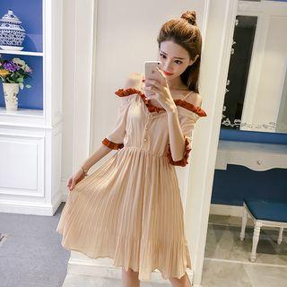 Elbow-sleeve Off-shoulder Pleated Dress