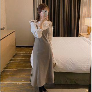 Puff-sleeve Blouse / Spaghetti Strap Midi Dress / Set