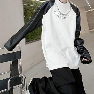 Faux Leather Sleeve Chain Detail T-shirt