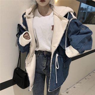 Drawstring Fleece-lined Denim Jacket As Shown In Figure - One Size