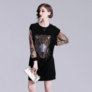 Long-sleeve Tiger Print Mini Shift Dress
