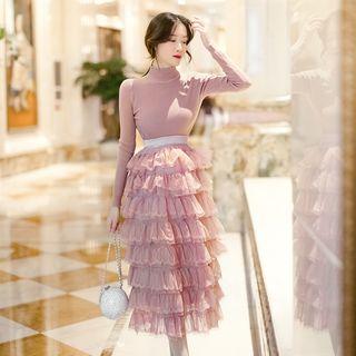 Set: Mock-neck Knit Top + Lace Layered Midi Skirt