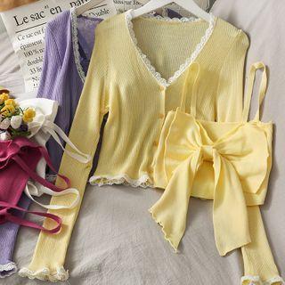 Set: Ribbon Camisole Top + Lace-trim Light Cardigan In 6 Colors
