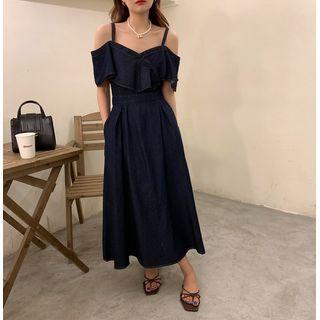 Spaghetti-strap Cold Shoulder Ruffled Denim Midi A-line Dress Dark Blue - One Size